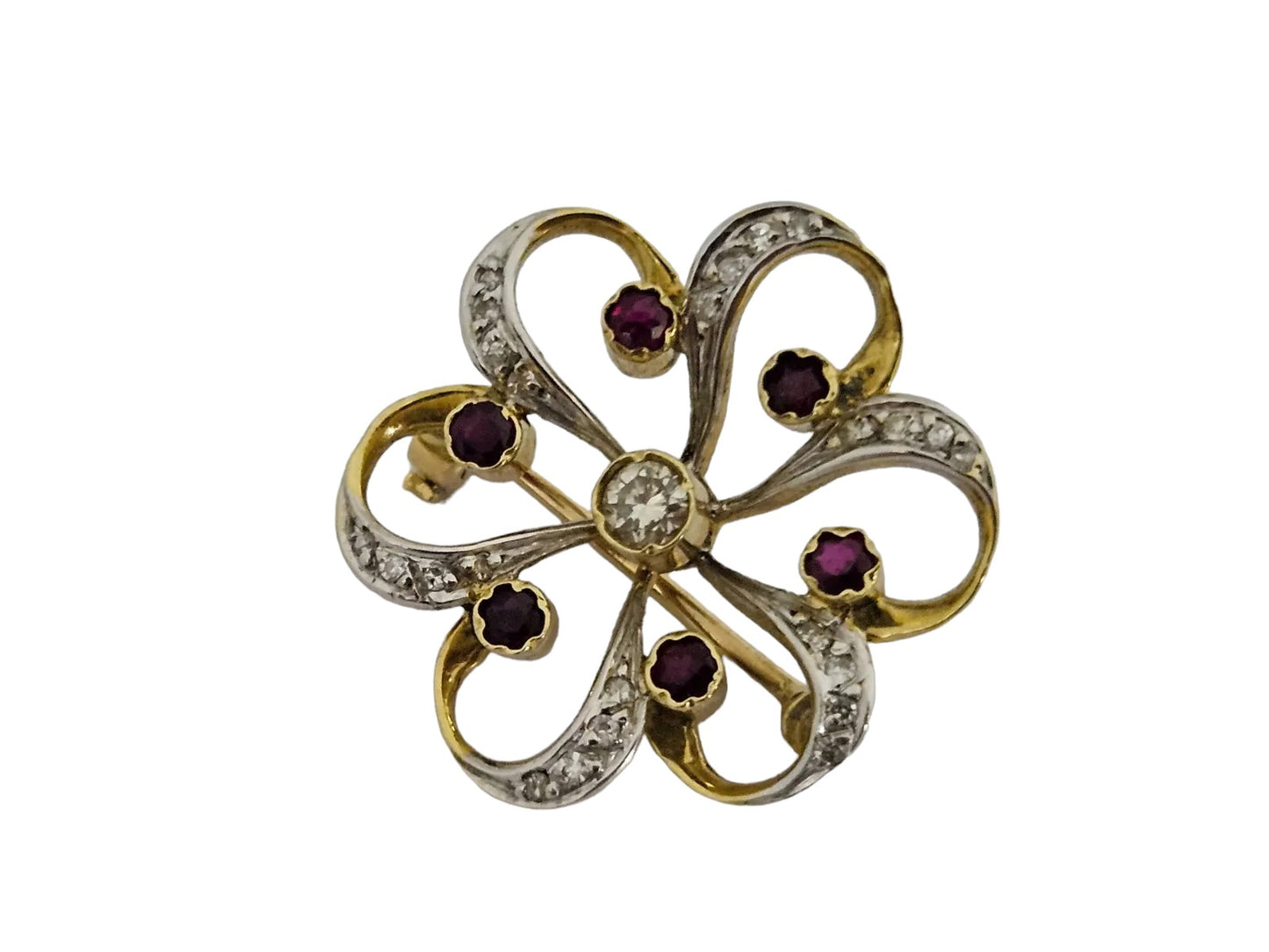 18ct 750 Yellow & White Gold Brooch with Diamonds & Ruby 1977 L 2.4 cm 5.3 g