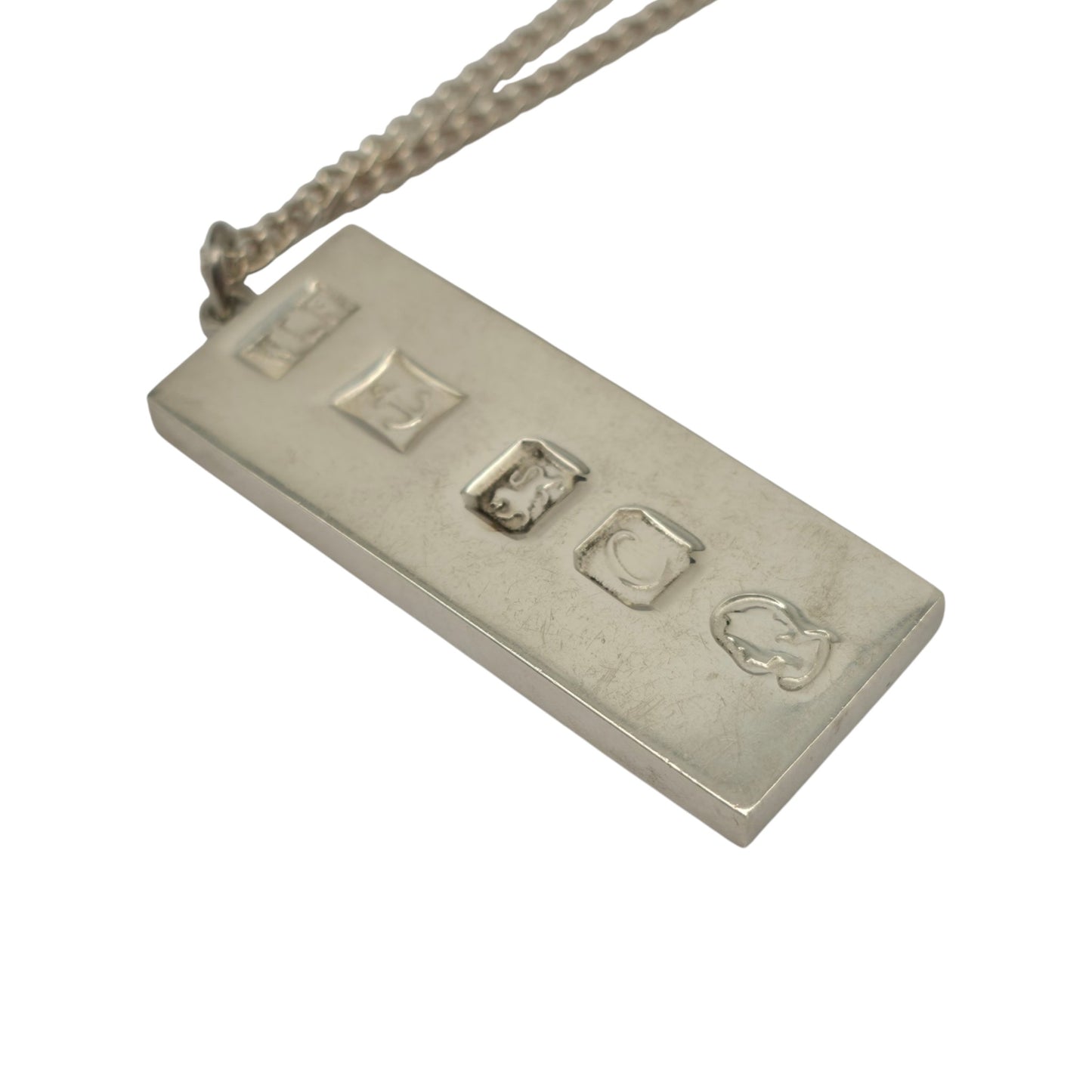Solid Sterling Silver Ingot Pendant 1977 On Chain 35.9 g.