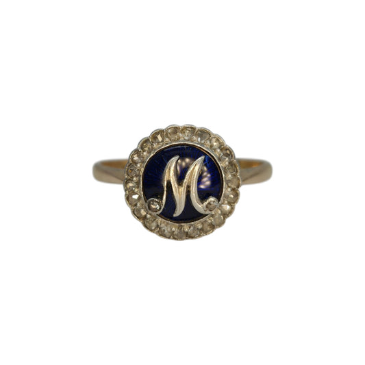 Victorian 22ct Yellow Gold & Enamel Initial Ring With Diamond 1871 Size O 3.1 g.